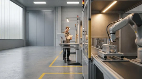Vue d'ensemble d'un atelier de production moderne avec robot industriel et operateur analysant des donnees financieres sur tablette