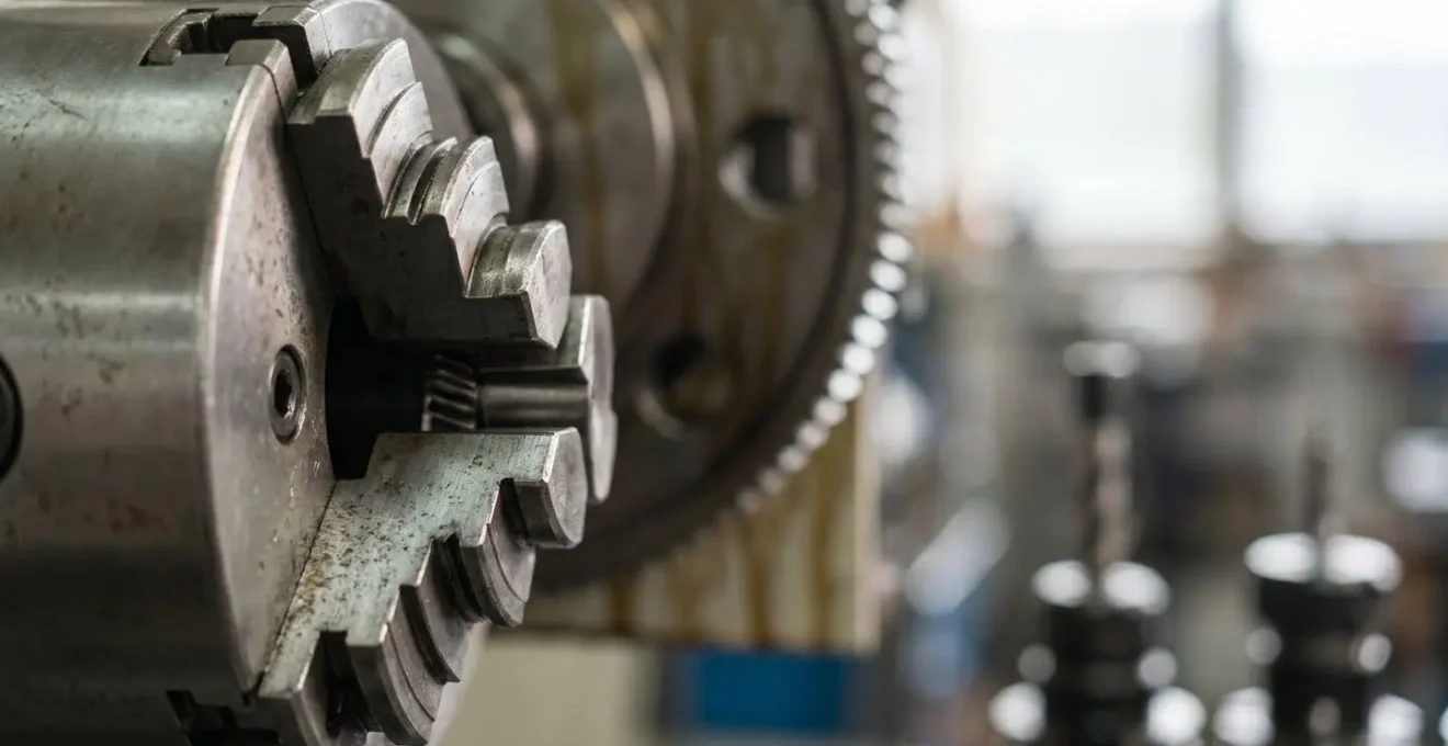 Gros plan sur un mandrin de tour avec serrage rapide dans un atelier d'usinage moderne