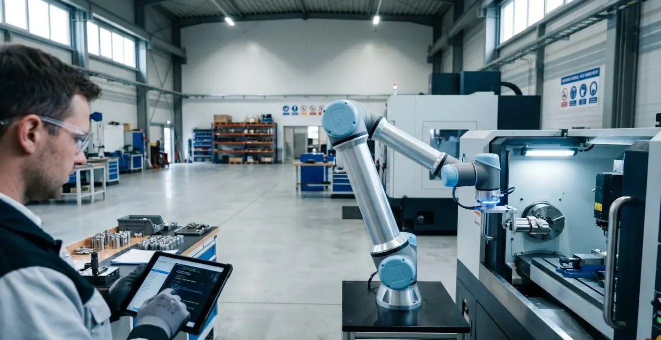 Cobot collaboratif en action dans un atelier de production industrielle avec programmation rapide pour petites séries