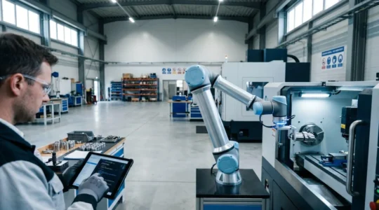 Cobot collaboratif en action dans un atelier de production industrielle avec programmation rapide pour petites séries