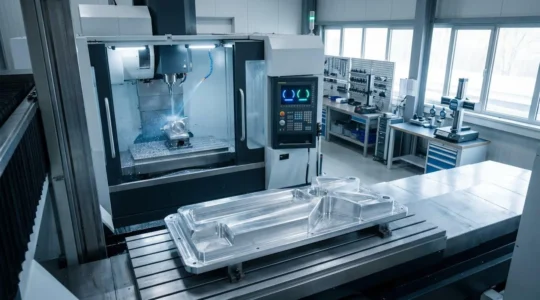 Vue d'atelier moderne montrant équilibre entre productivité et durabilité dans l'usinage de précision