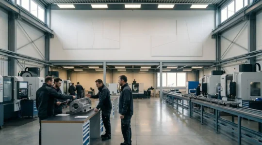 Vue d'ensemble d'un atelier de production moderne avec système de traçabilité numérique