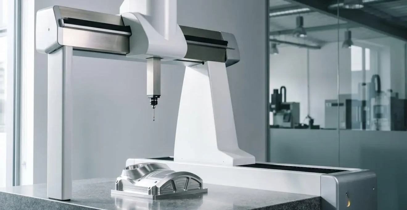 Inspection de pièces métalliques complexes sur machine à mesurer tridimensionnelle dans un atelier industriel moderne