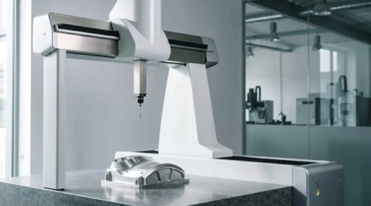 Inspection de pièces métalliques complexes sur machine à mesurer tridimensionnelle dans un atelier industriel moderne