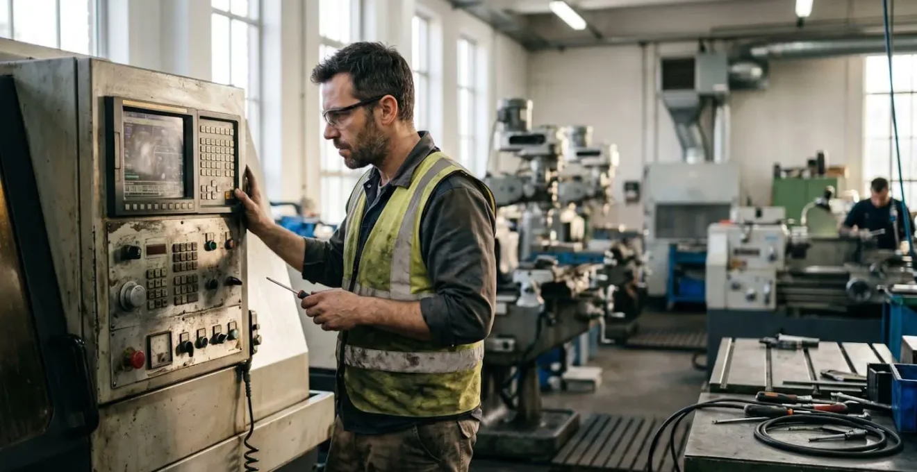 Technicien diagnostiquant une panne sur un centre d'usinage à commande numérique dans un atelier industriel