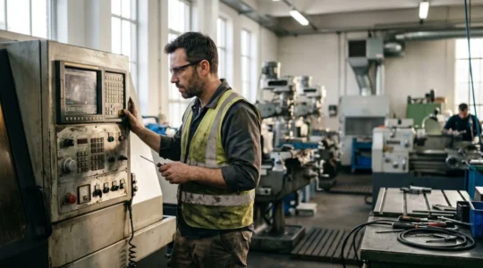 Technicien diagnostiquant une panne sur un centre d'usinage à commande numérique dans un atelier industriel