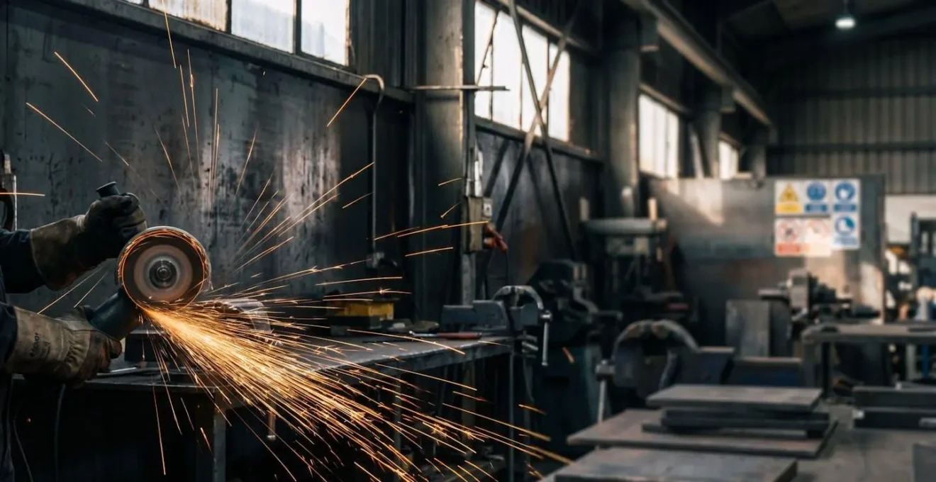 Gros plan sur un disque abrasif en rotation générant des étincelles lors du meulage d'une pièce métallique dans un atelier industriel
