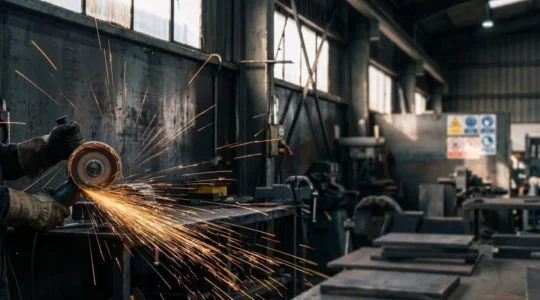 Gros plan sur un disque abrasif en rotation générant des étincelles lors du meulage d'une pièce métallique dans un atelier industriel