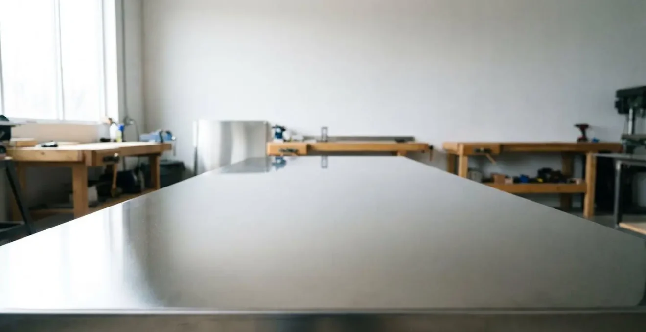 Surface en acier inoxydable au poli miroir parfait reflétant l'environnement avec une brillance exceptionnelle