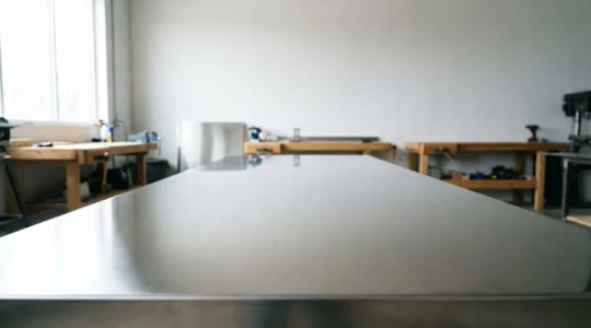 Surface en acier inoxydable au poli miroir parfait reflétant l'environnement avec une brillance exceptionnelle