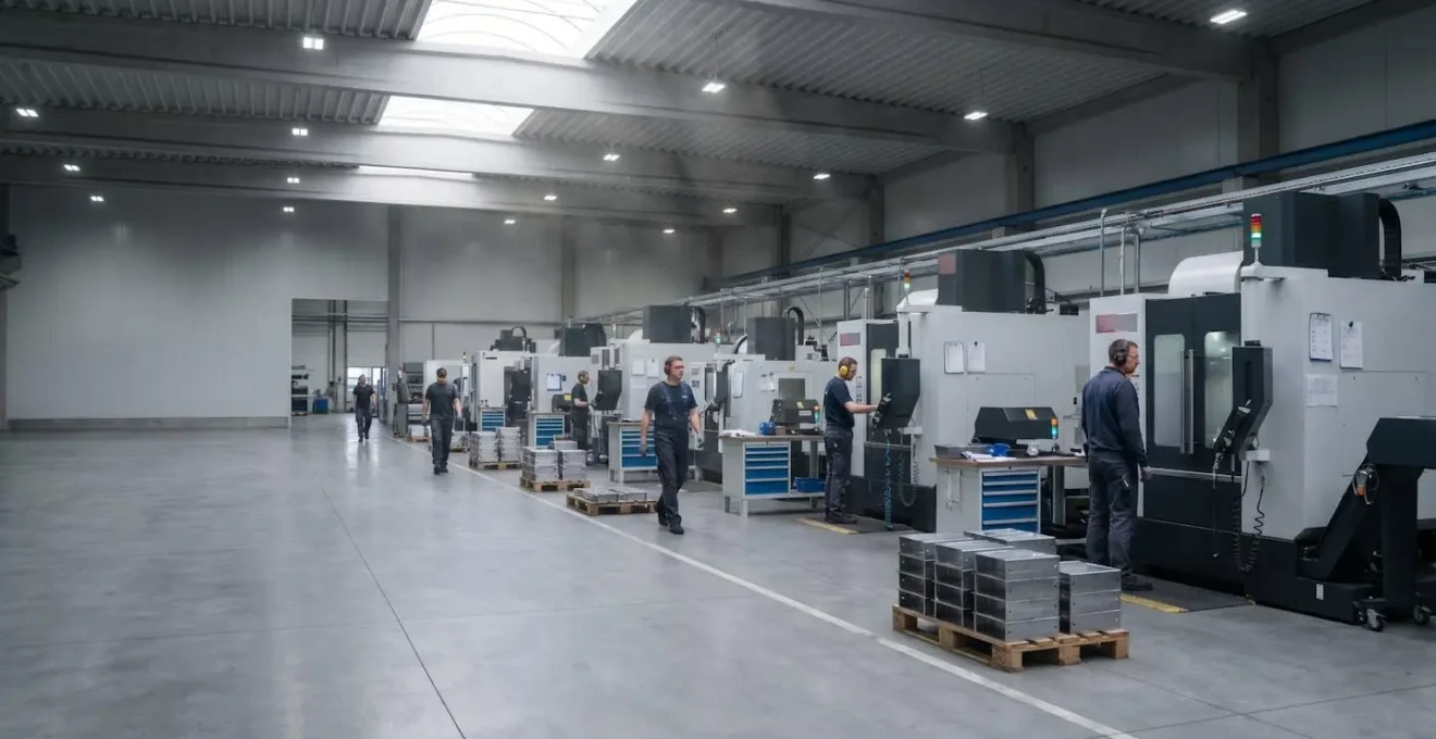 Vue panoramique d'un atelier industriel moderne avec machines CNC et flux de production révélant les zones de gaspillage opérationnel