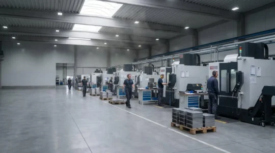 Vue panoramique d'un atelier industriel moderne avec machines CNC et flux de production révélant les zones de gaspillage opérationnel