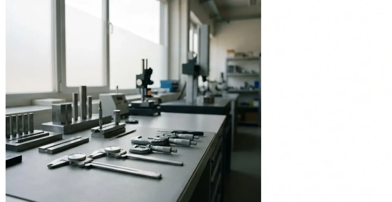 Instruments de mesure industriels dans un atelier de métrologie français avec pieds à coulisse et équipements de contrôle qualité