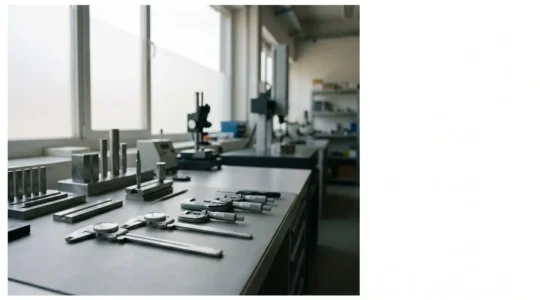 Instruments de mesure industriels dans un atelier de métrologie français avec pieds à coulisse et équipements de contrôle qualité