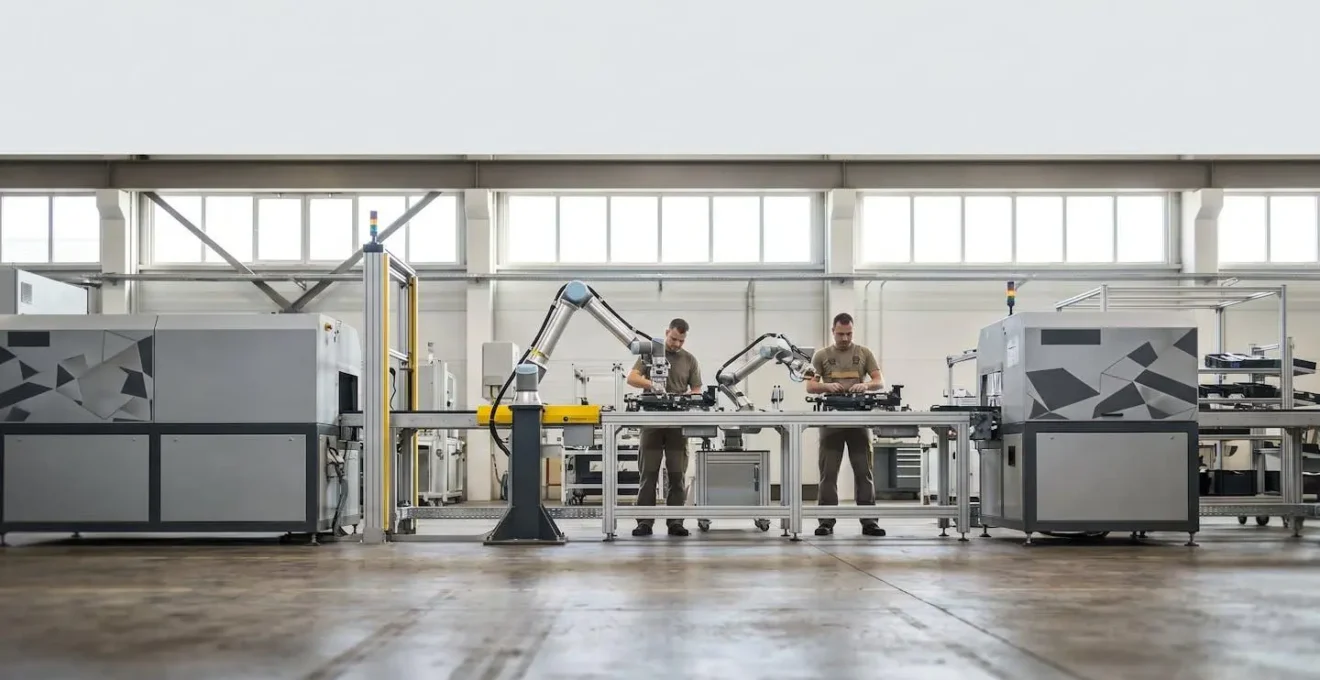 Atelier industriel moderne avec robot collaboratif travaillant aux côtés d'opérateurs humains dans un environnement de production sans interruption