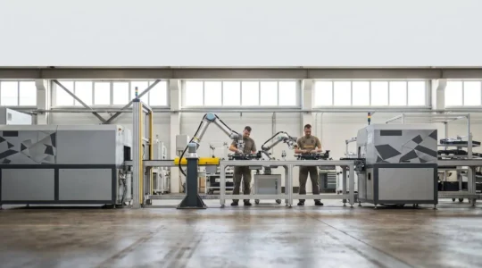 Atelier industriel moderne avec robot collaboratif travaillant aux côtés d'opérateurs humains dans un environnement de production sans interruption