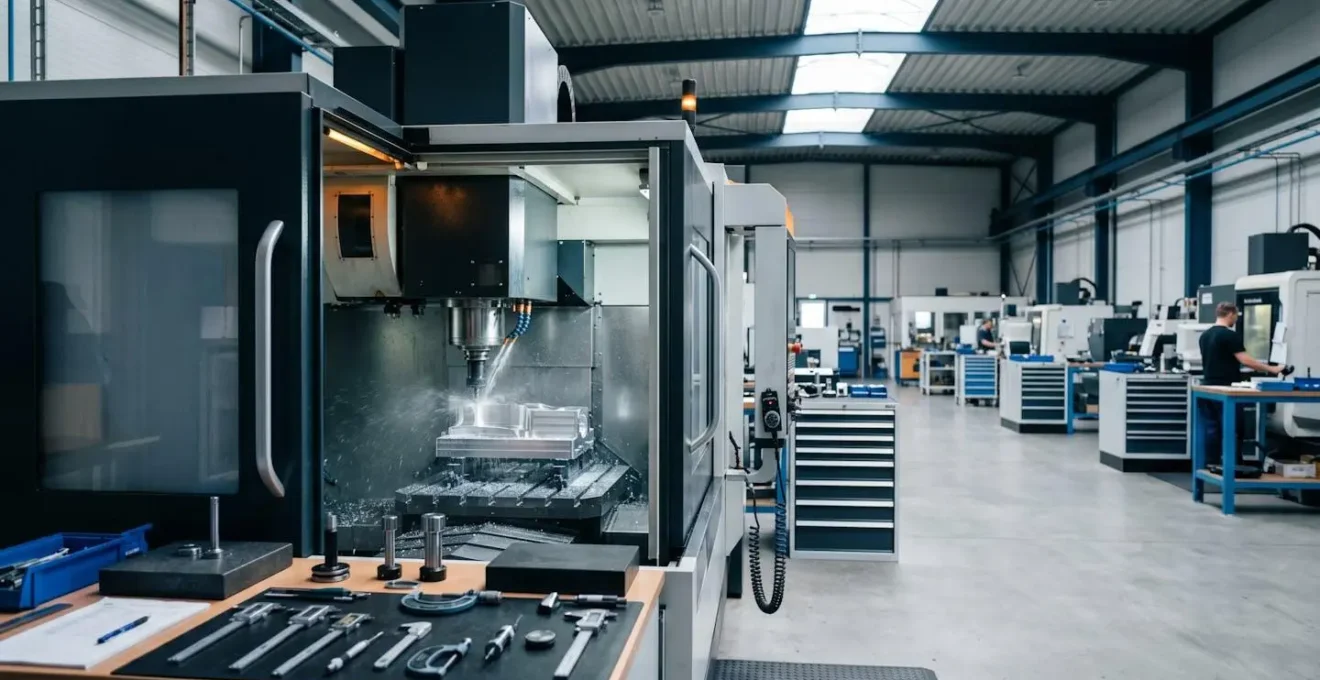 Centre d'usinage CNC moderne à grande vitesse en action dans un atelier industriel, montrant la précision du mouvement de broche