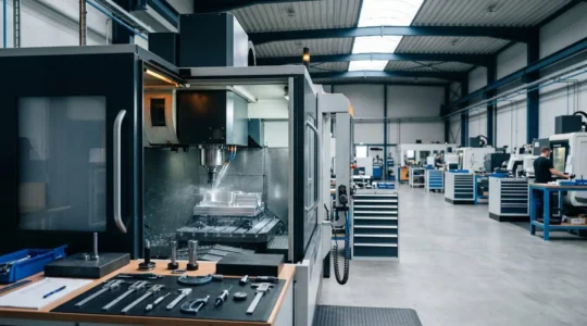 Centre d'usinage CNC moderne à grande vitesse en action dans un atelier industriel, montrant la précision du mouvement de broche
