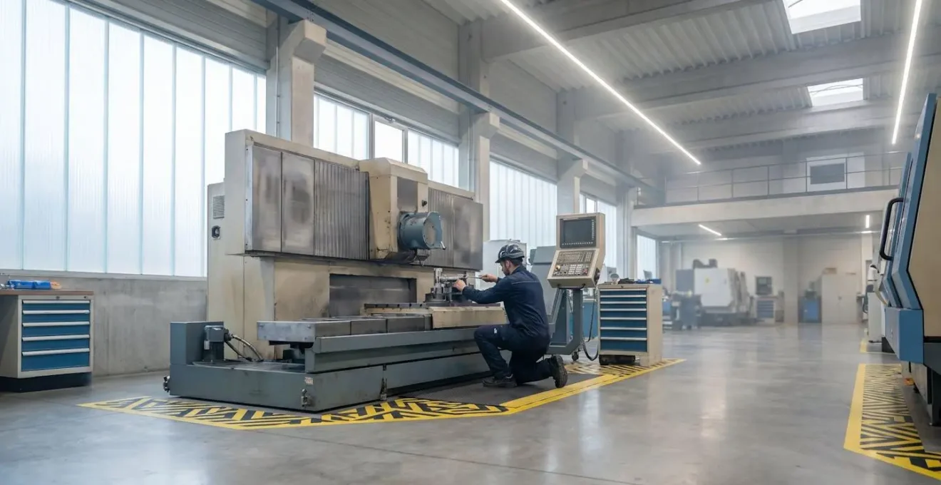 Atelier industriel français moderne avec machines-outils de précision en cours d'entretien par des techniciens qualifiés