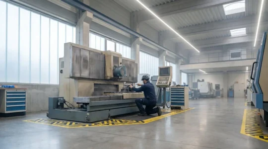 Atelier industriel français moderne avec machines-outils de précision en cours d'entretien par des techniciens qualifiés