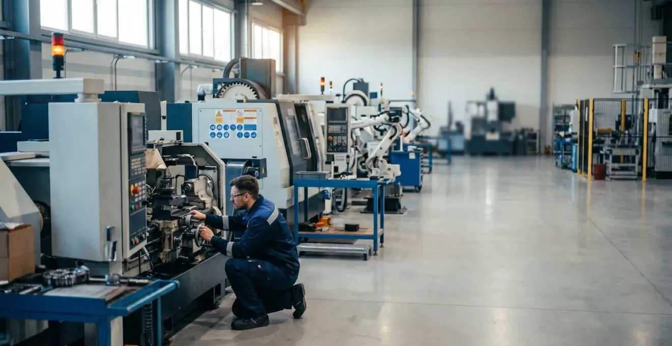 Technicien effectuant la maintenance préventive d'une machine industrielle dans un atelier moderne