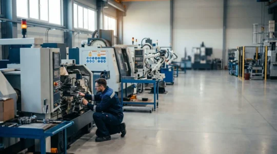 Technicien effectuant la maintenance préventive d'une machine industrielle dans un atelier moderne