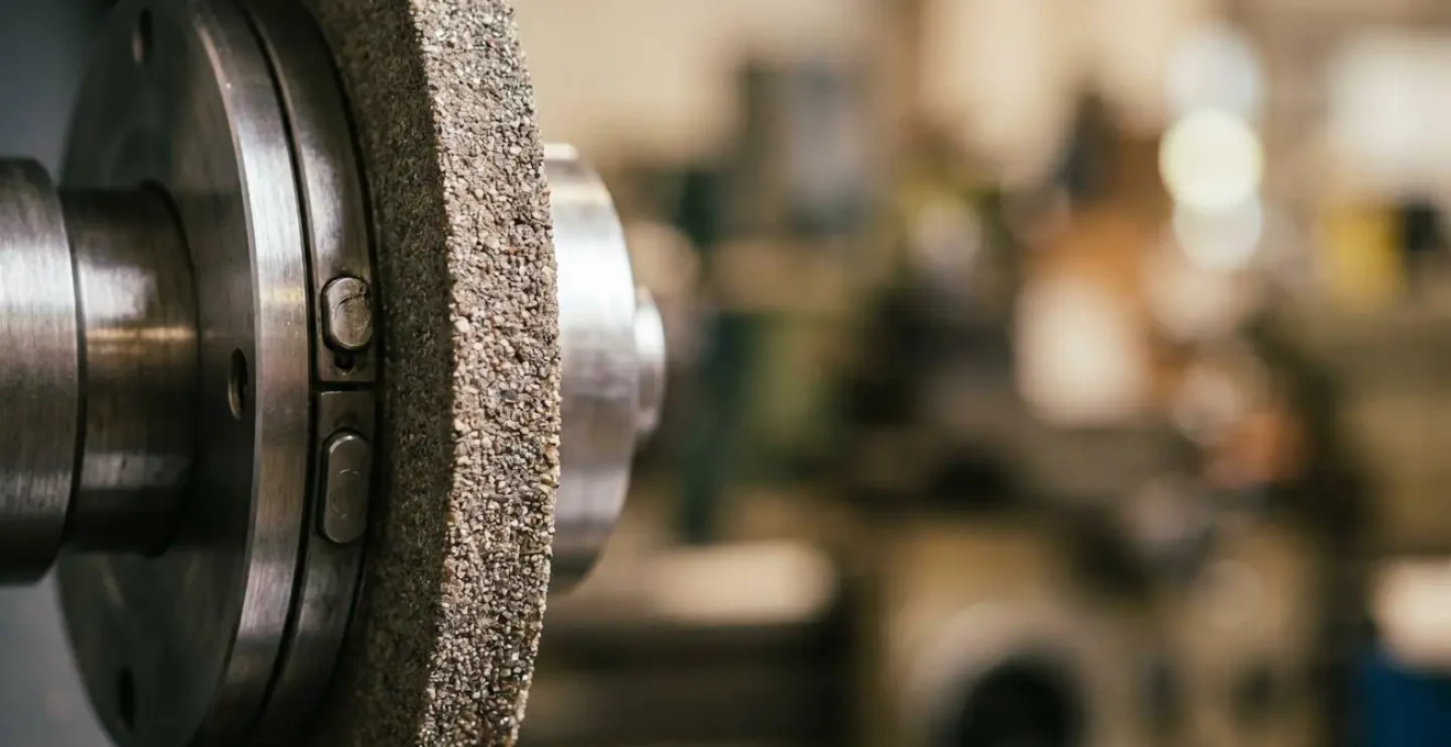 Vue macro d'une meule de rectification montée sur broche industrielle avec système d'équilibrage dynamique