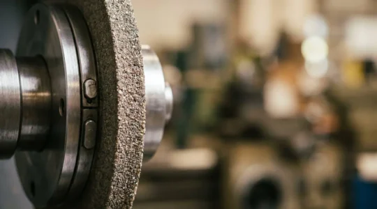 Vue macro d'une meule de rectification montée sur broche industrielle avec système d'équilibrage dynamique