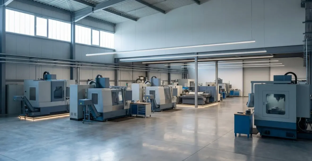 Vue d'ensemble d'un atelier industriel moderne avec des équipements de production et des zones de maintenance organisées