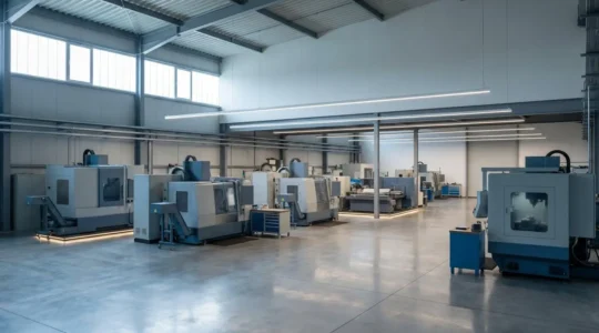 Vue d'ensemble d'un atelier industriel moderne avec des équipements de production et des zones de maintenance organisées