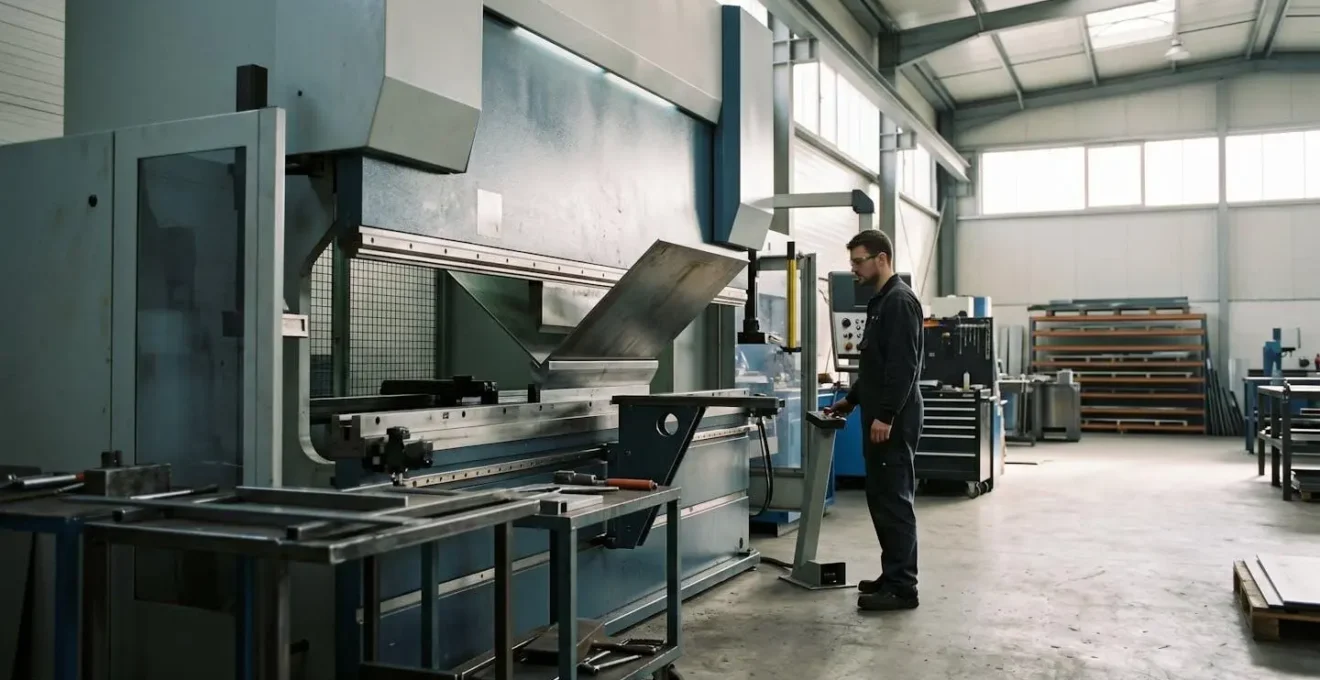 Vue d'atelier de fabrication métallique avec presse-plieuse CNC en action sur une tôle d'acier inoxydable, mettant en valeur la précision technique du processus de pliage