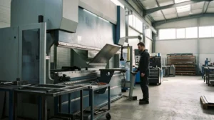 Vue d'atelier de fabrication métallique avec presse-plieuse CNC en action sur une tôle d'acier inoxydable, mettant en valeur la précision technique du processus de pliage