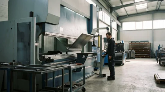 Vue d'atelier de fabrication métallique avec presse-plieuse CNC en action sur une tôle d'acier inoxydable, mettant en valeur la précision technique du processus de pliage