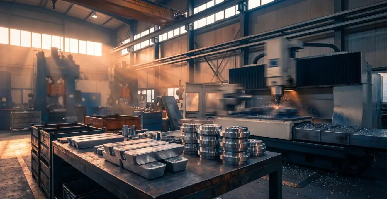 Vue d'atelier de fabrication mécanique montrant différents procédés de mise en forme des métaux