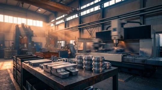 Vue d'atelier de fabrication mécanique montrant différents procédés de mise en forme des métaux