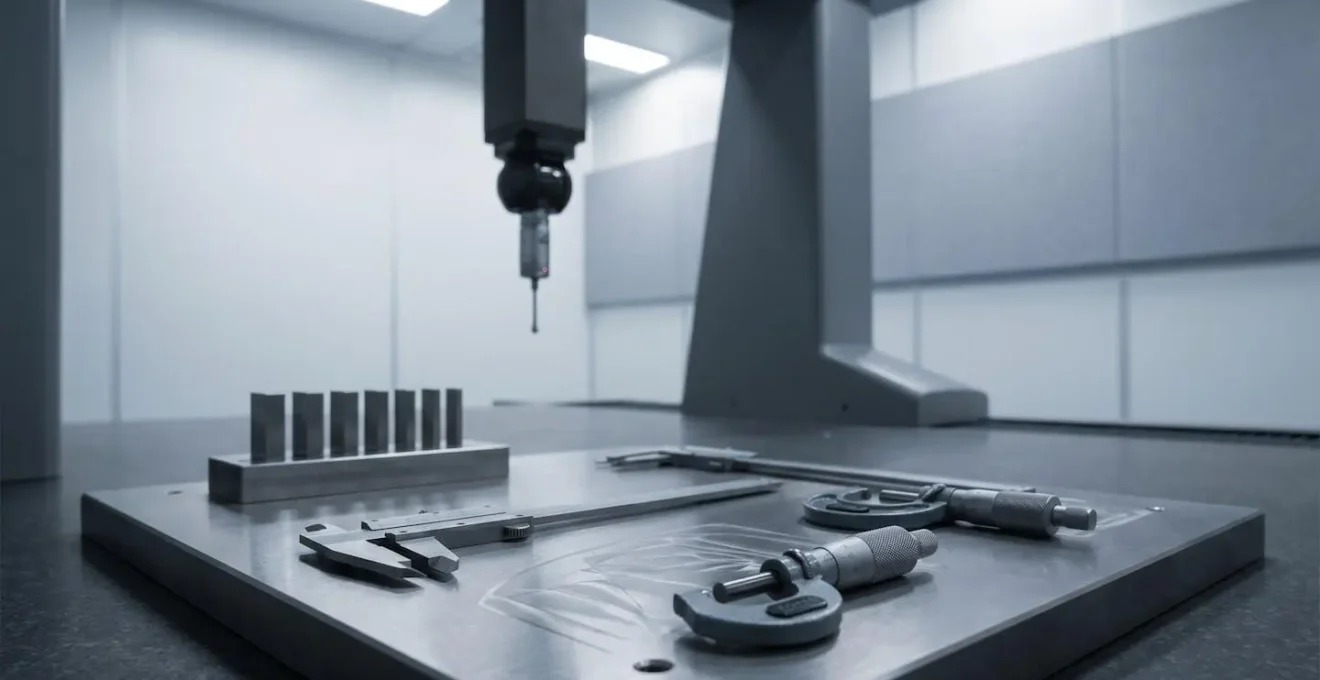 Environnement de contrôle qualité industriel avec instruments de mesure de précision disposés méthodiquement