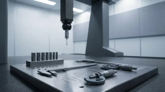 Environnement de contrôle qualité industriel avec instruments de mesure de précision disposés méthodiquement