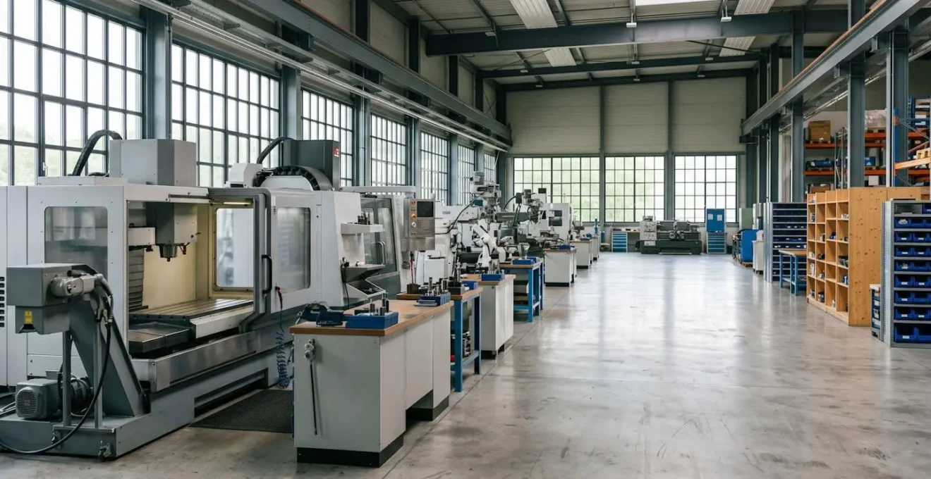 Vue d'ensemble d'un atelier industriel moderne avec machines-outils et équipements de production organisés