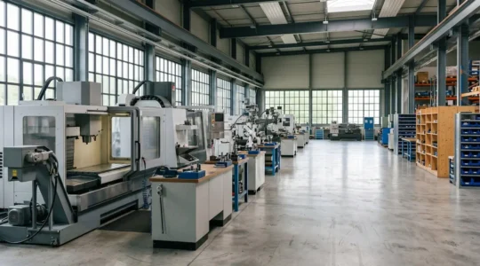 Vue d'ensemble d'un atelier industriel moderne avec machines-outils et équipements de production organisés