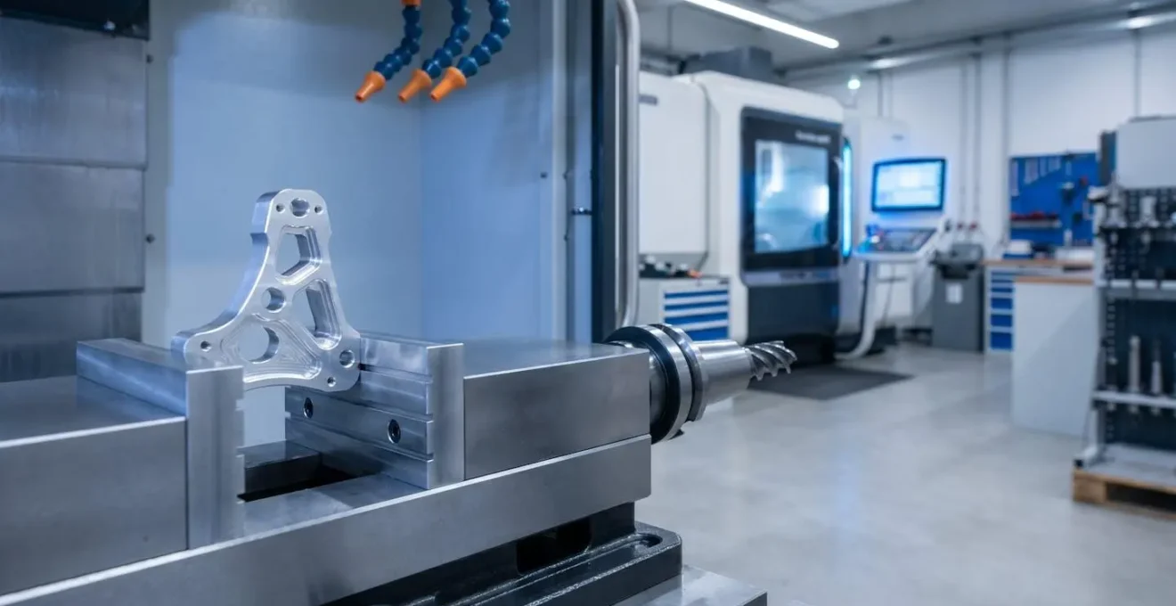 Serrage précis d'une pièce en aluminium anodisé dans un étau de précision lors d'un usinage CNC