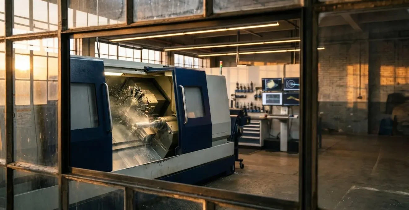 Tour CNC 5 axes en fonctionnement simultané dans un atelier de mécanique de précision moderne