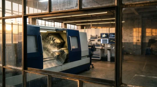 Tour CNC 5 axes en fonctionnement simultané dans un atelier de mécanique de précision moderne