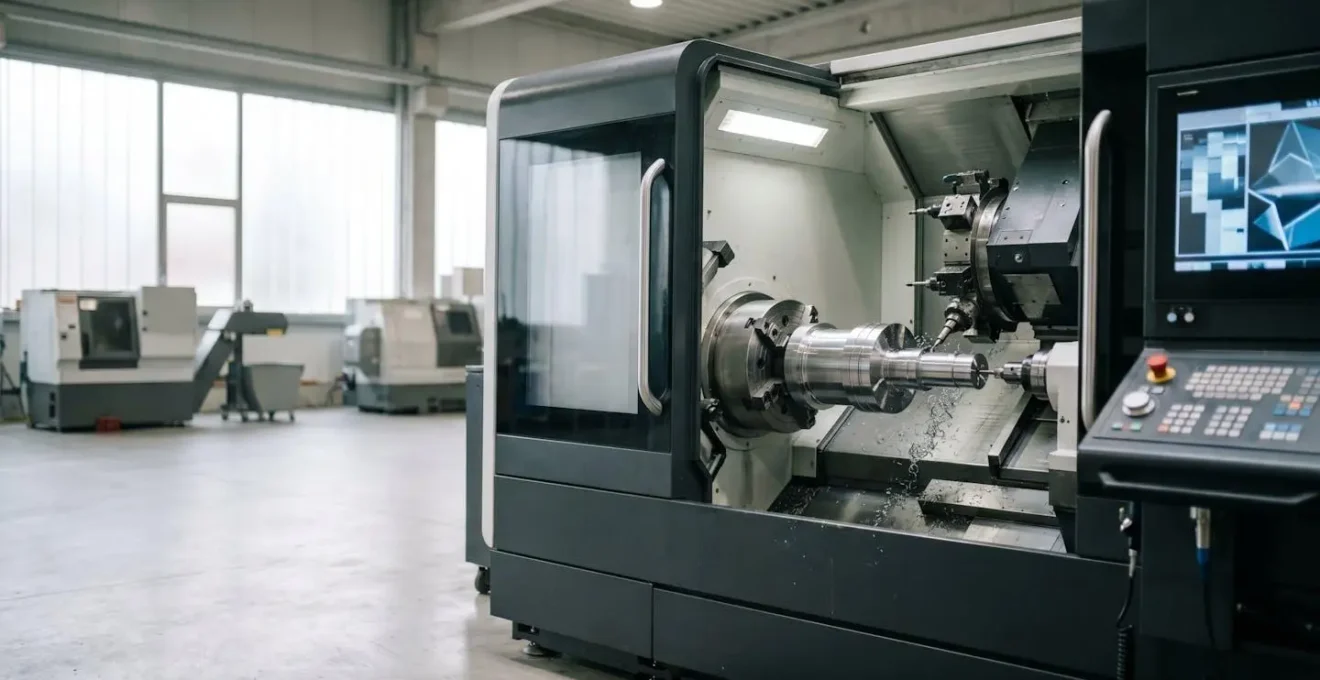 Tour-fraiseur 5 axes en plein usinage d'une pièce cylindrique métallique complexe avec copeaux d'usinage