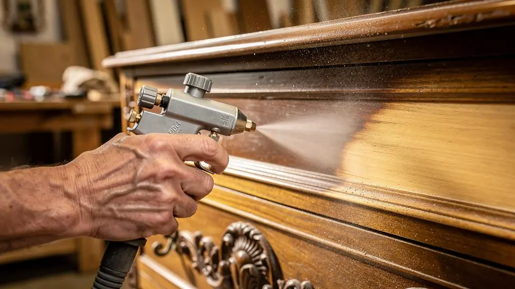 Gros plan sur des mains professionnelles effectuant un aérogommage sur un meuble ancien en bois dans un atelier de restauration.