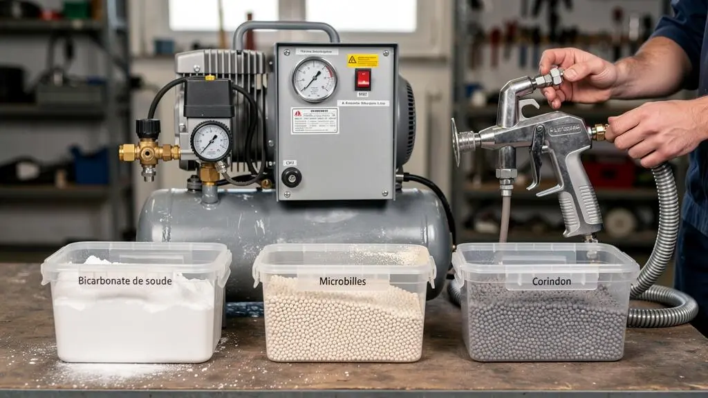 Installation complète d'équipement d'aérogommage avec compresseur, pistolet de projection et différents types d'abrasifs sur table d'atelier.