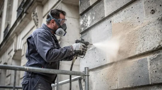 Professionnel en tenue de protection réalisant un aérogommage sur une façade en pierre ancienne depuis un échafaudage.