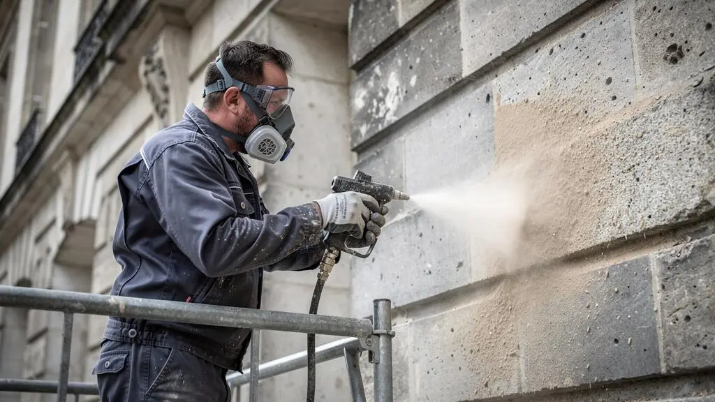 Professionnel en tenue de protection réalisant un aérogommage sur une façade en pierre ancienne depuis un échafaudage.