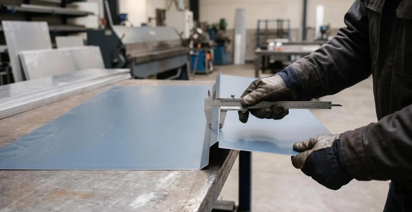 Un opérateur contrôle au réglet le pli d'une tôle d'aluminium pliée posée sur un établi d'atelier.