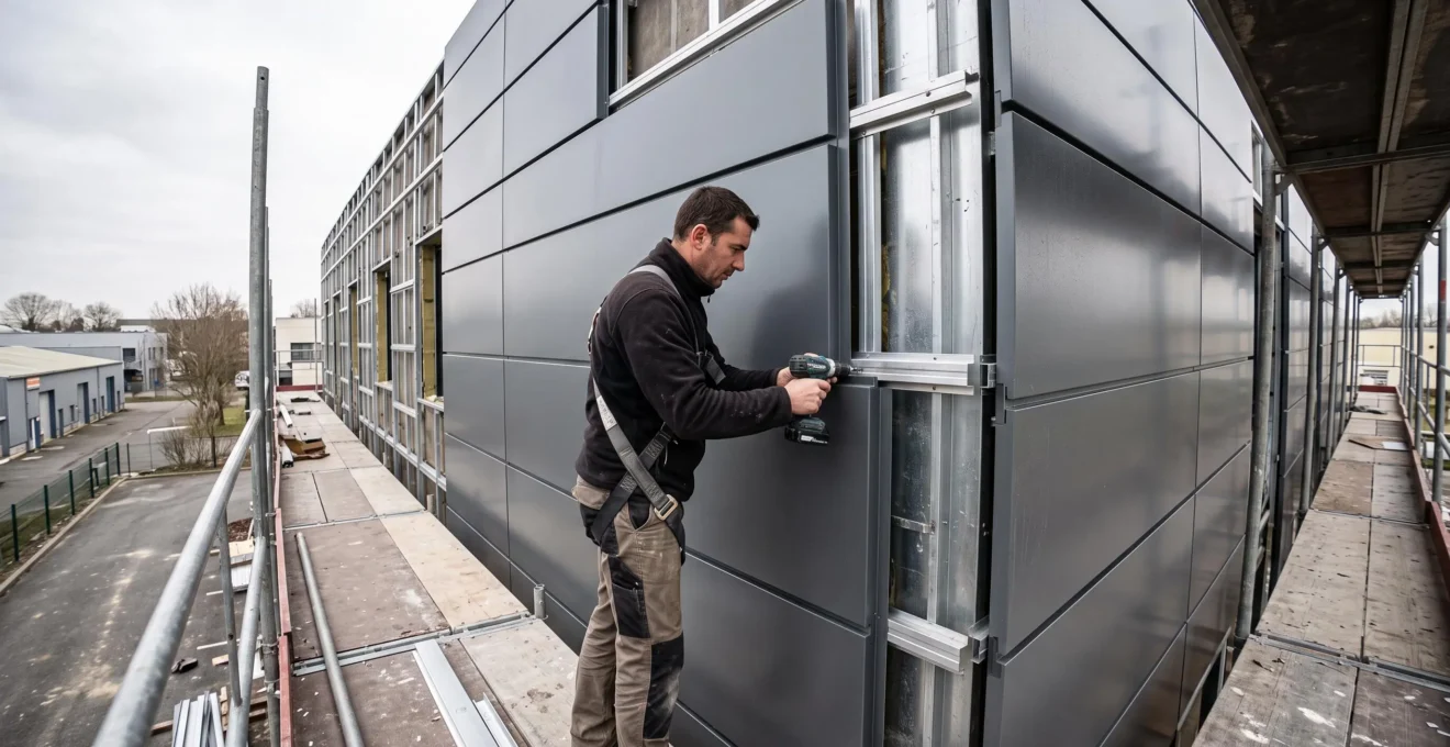 Un installateur fixe des panneaux de bardage en tôle d'aluminium pliée sur la structure d'une façade en cours d'habillage.