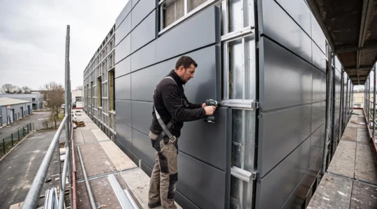 Un installateur fixe des panneaux de bardage en tôle d'aluminium pliée sur la structure d'une façade en cours d'habillage.